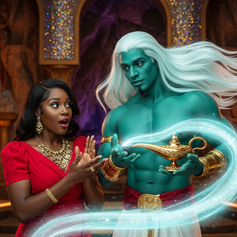Captivating Encounter: Black Woman with Magical Genie in Lavish Cavern Captivating Encounter: Black Woman with Magical Genie in Lavish Cavern
