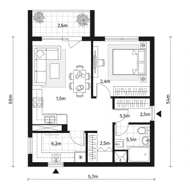 Efficient 5m Width Home Design: Optimal 45m² Plan Efficient 5m Width Home Design: Optimal 45m² Plan