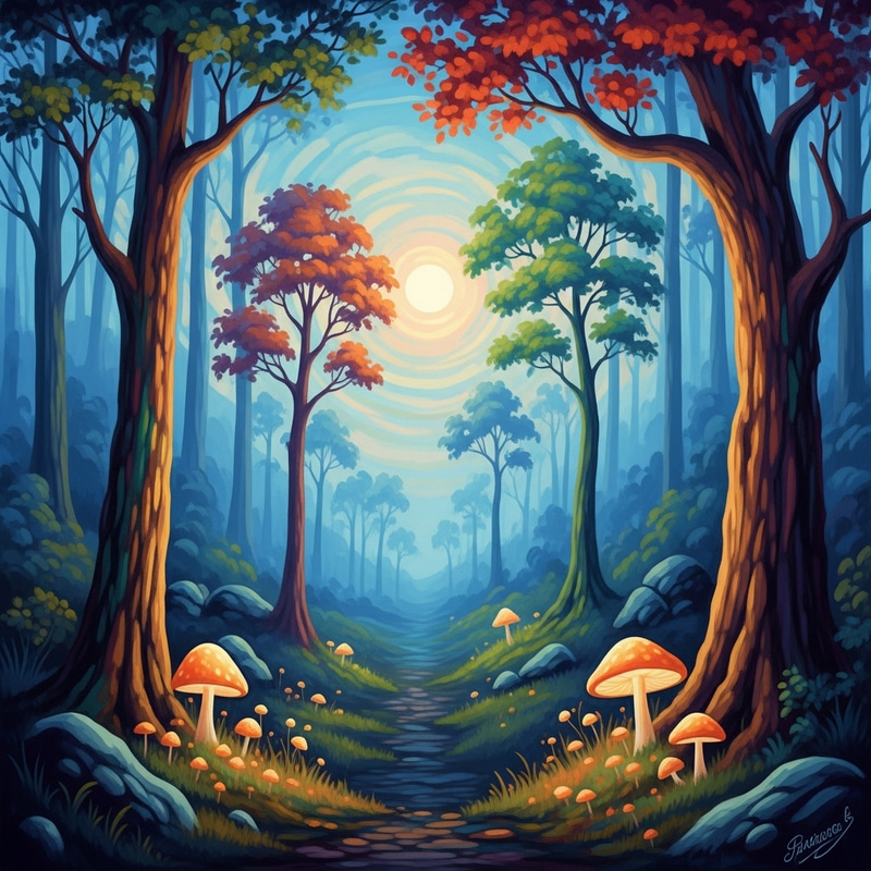 Enchanting Dusk Forest: Surreal Colors & Glowing Mushrooms