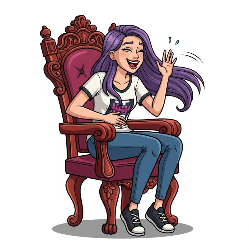 Vibrant Violet-Haired Girl Laughing in Carved Chair Vibrant Violet-Haired Girl Laughing in Carved Chair