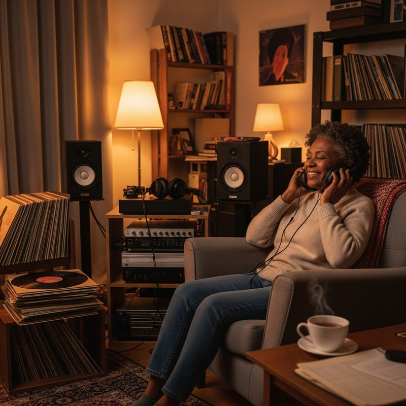 Vintage Vinyl Records and Modern Sound System in Cozy Music Lover's Room