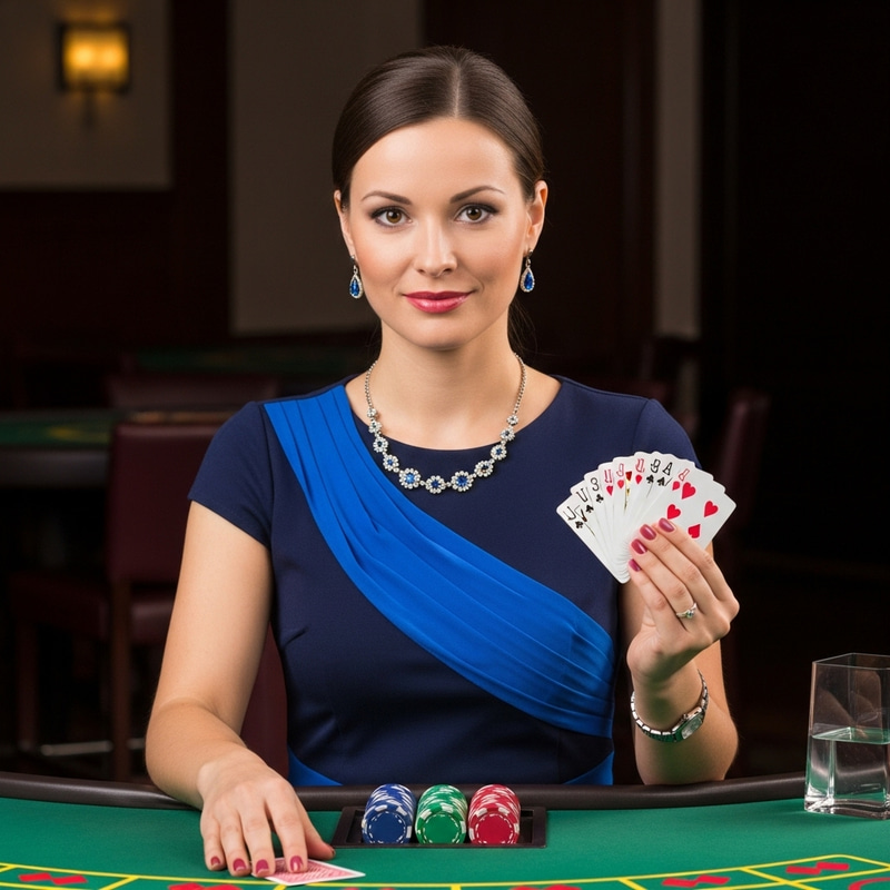 Confident Casino Dealer Woman in Blue Dress With Playing Cards Confident Casino Dealer Woman in Blue Dress With Playing Cards