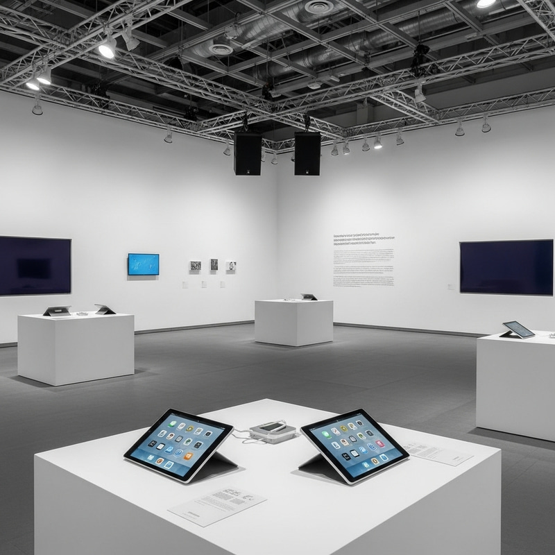 Minimalist Exhibition Space with Interactive iPads and Surround Sound Speakers