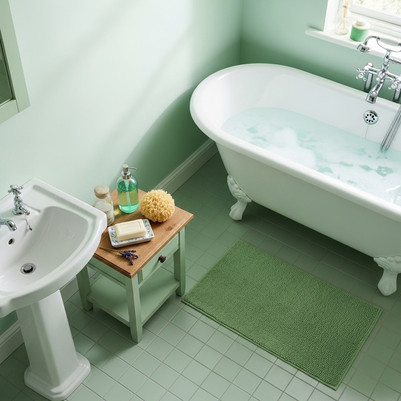 Light Green Shaded Bathroom with Bathtub and Bedside Table