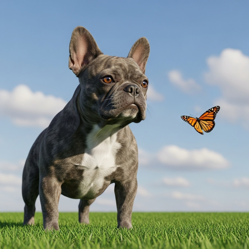 Brindle Frenchie with Unique Bat-Like Ears Outdoors Brindle Frenchie with Unique Bat-Like Ears Outdoors