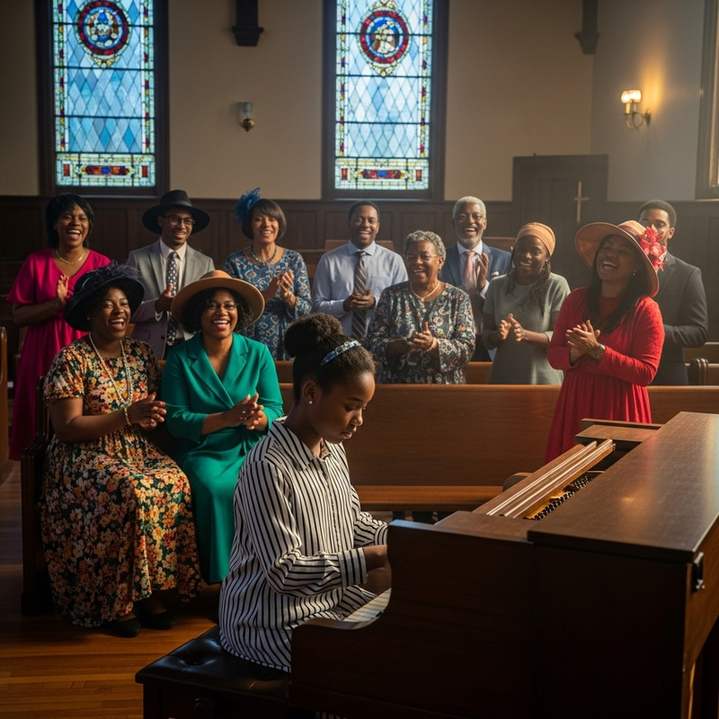 Little Black Girl Playing Upright Piano in Southern Church