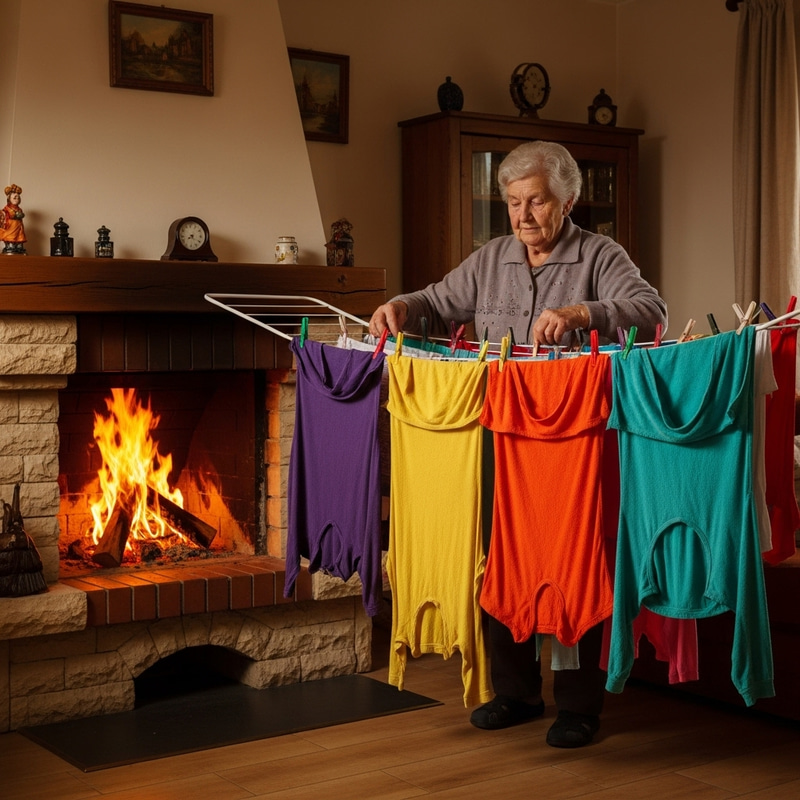 Cozy Fireplace Scene with Elderly Woman Hanging Colorful Laundry Cozy Fireplace Scene with Elderly Woman Hanging Colorful Laundry