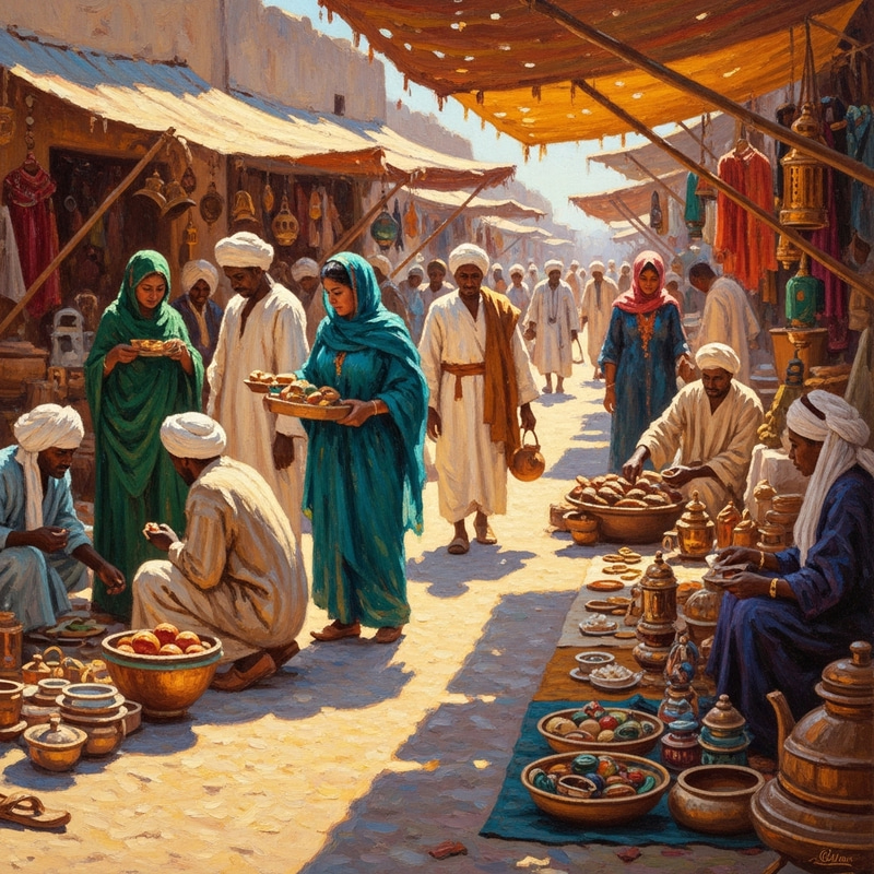 Vibrant Desert Market Scene | Interplay of Light & Shadow | Treasures Glistening - Oil Painting Vibrant Desert Market Scene | Interplay of Light & Shadow | Treasures Glistening - Oil Painting
