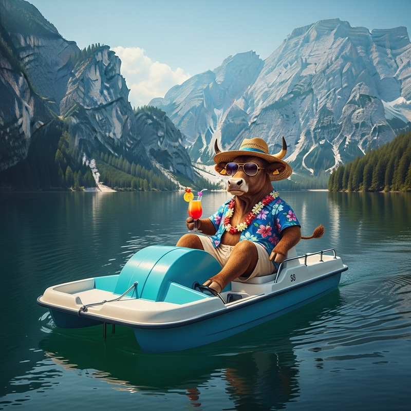 Serenely Pedaling Bull in Hawaiian Shirt with Cocktail on Lake Serenely Pedaling Bull in Hawaiian Shirt with Cocktail on Lake