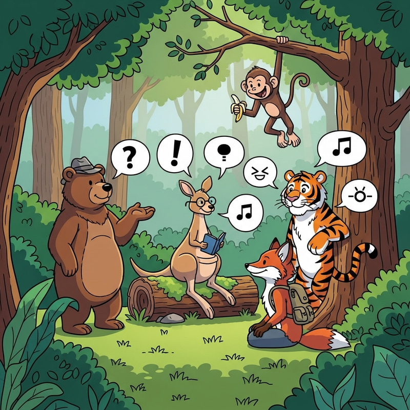 Enchanted Forest Scene: Chatty Animal Friends Gather Enchanted Forest Scene: Chatty Animal Friends Gather