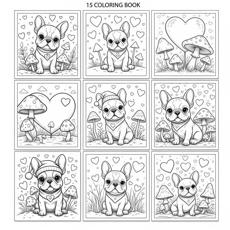 Delightful Black & White Coloring Book for Kids | French Bulldogs, Hearts & Mushrooms Delightful Black & White Coloring Book for Kids | French Bulldogs, Hearts & Mushrooms