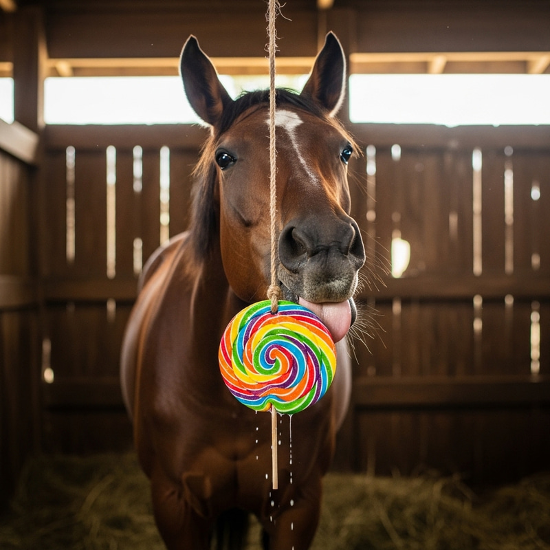 Horse Licking Sweet Round Lollipop in Stable