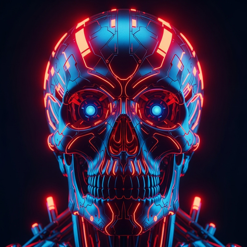 Neon Cyber Skull Art: Futuristic Red-Blue-Black Rendering Neon Cyber Skull Art: Futuristic Red-Blue-Black Rendering