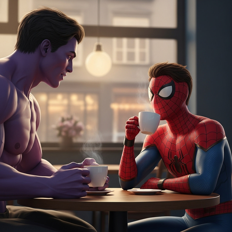 Spiderman and Thanos Hyperrealistic Coffee Scene