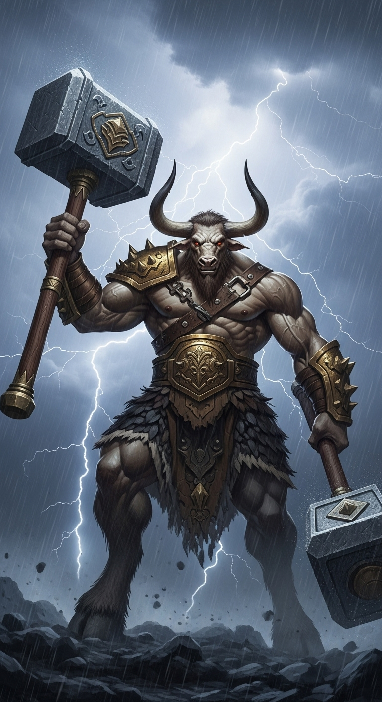 Mythic Minotaur in Thunderstorm | Hammer Warrior Sculpture