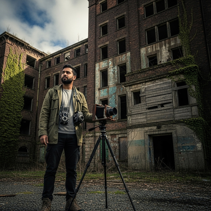 Exploring Large Abandoned Building: South Asian Man Film Scene