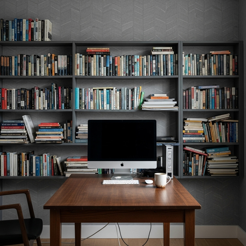 Serene Workspace with Computer, Books, and Tea Mug Serene Workspace with Computer, Books, and Tea Mug