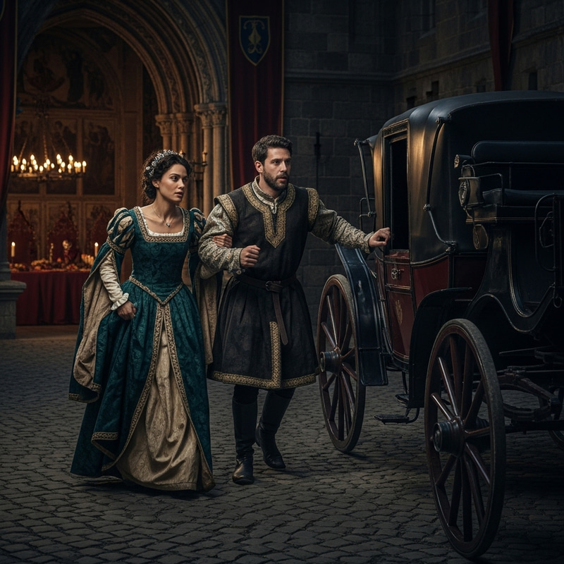 Medieval Royalty Flee by Horse and Carriage
