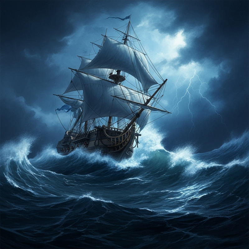 Majestic 17th Century Ship Sailing Through Stormy Night - Historical Genre Painting Majestic 17th Century Ship Sailing Through Stormy Night - Historical Genre Painting