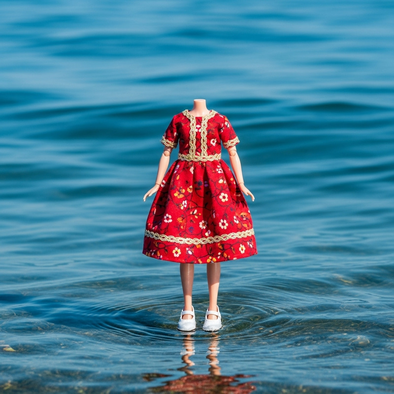 Vibrant Red Doll by the Azure Sea | Exquisite Contrast Vibrant Red Doll by the Azure Sea | Exquisite Contrast