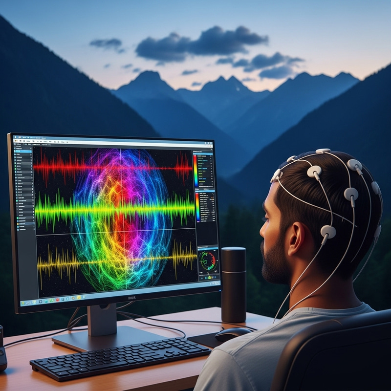 Neurofeedback Scene: South Asian Male with Brain Waves Neurofeedback Scene: South Asian Male with Brain Waves