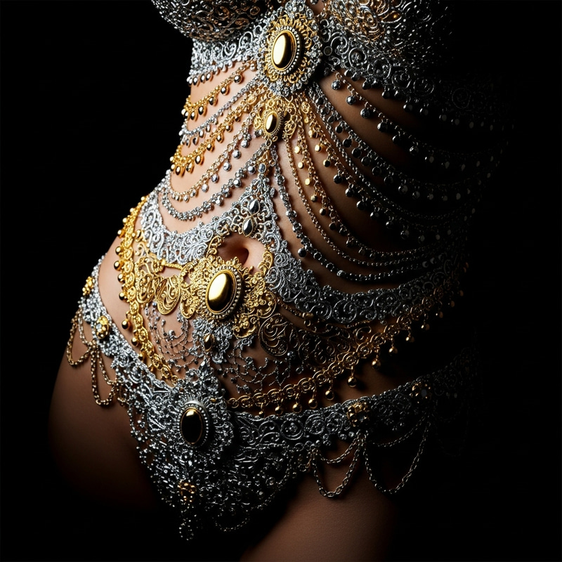 Luxurious Stomach Art in Gold and Silver on Black Background Luxurious Stomach Art in Gold and Silver on Black Background