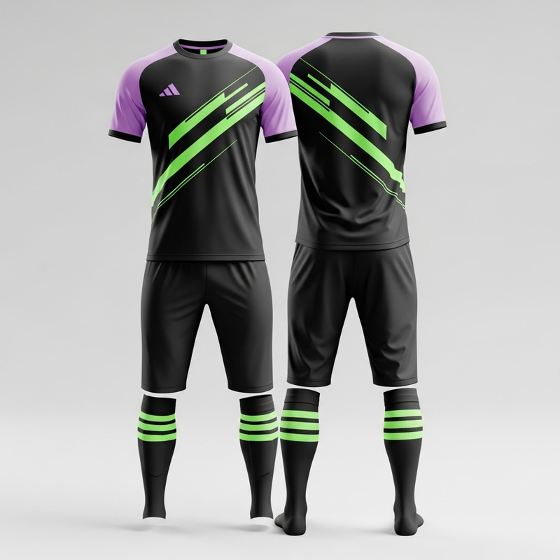 Powerful Black Soccer Uniform with Light Purple Accents & Neon Green Stripes