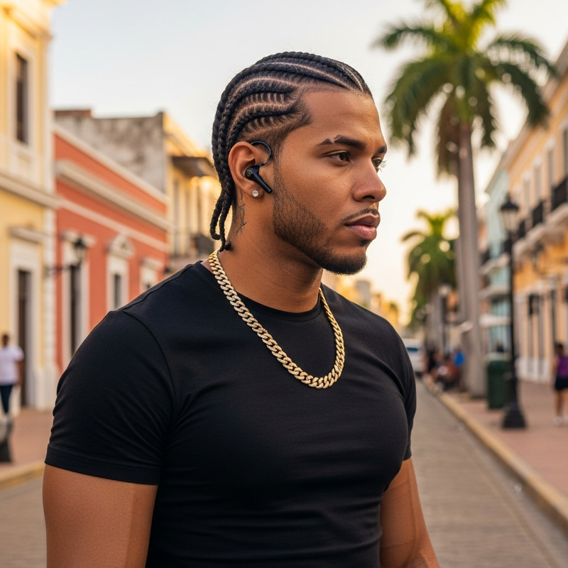 Dominican Man with Cornrows, Ear Piece, and Chain