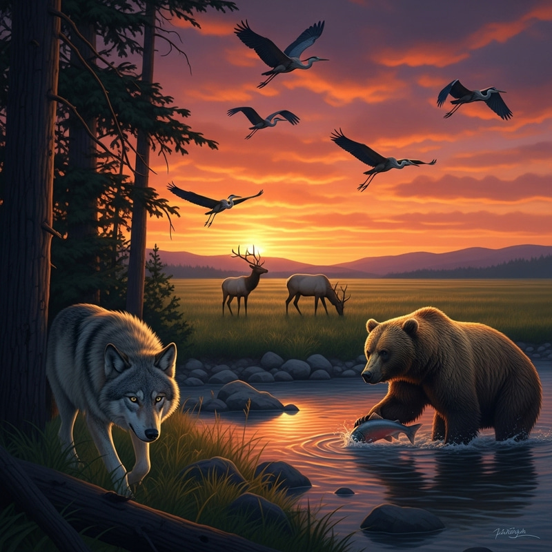 Wildlife at Dusk: Gray Wolf, Grizzly Bear, Herons, Elk