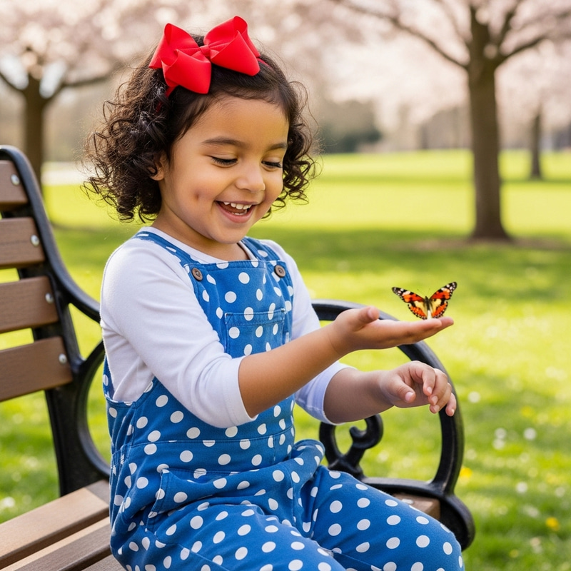 Niña Smiling with Butterfly in Park Niña Smiling with Butterfly in Park
