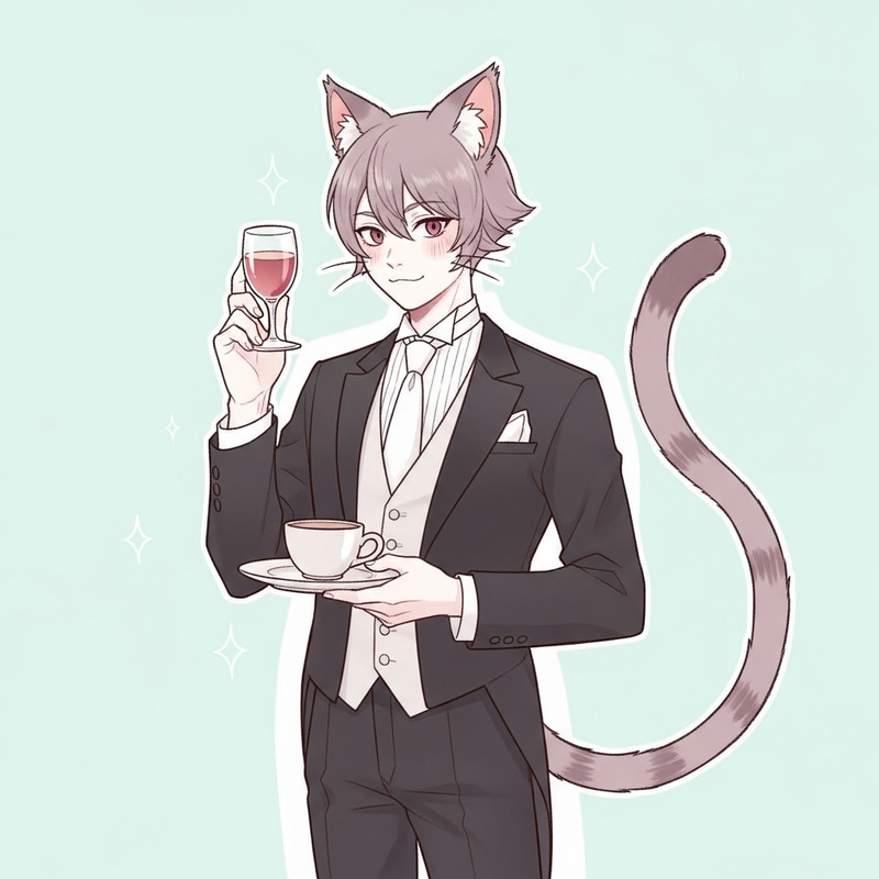 Male Yokai Character with Cat Ears and Tail in Formal Attire Male Yokai Character with Cat Ears and Tail in Formal Attire