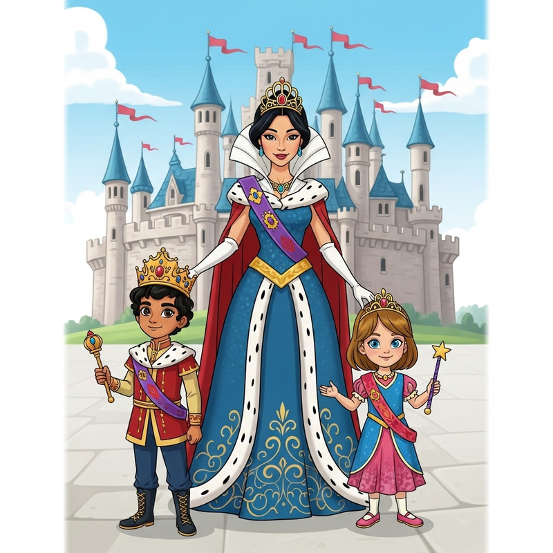 Enchanting Cartoon Queen with Children in Front of Grand Castle Enchanting Cartoon Queen with Children in Front of Grand Castle