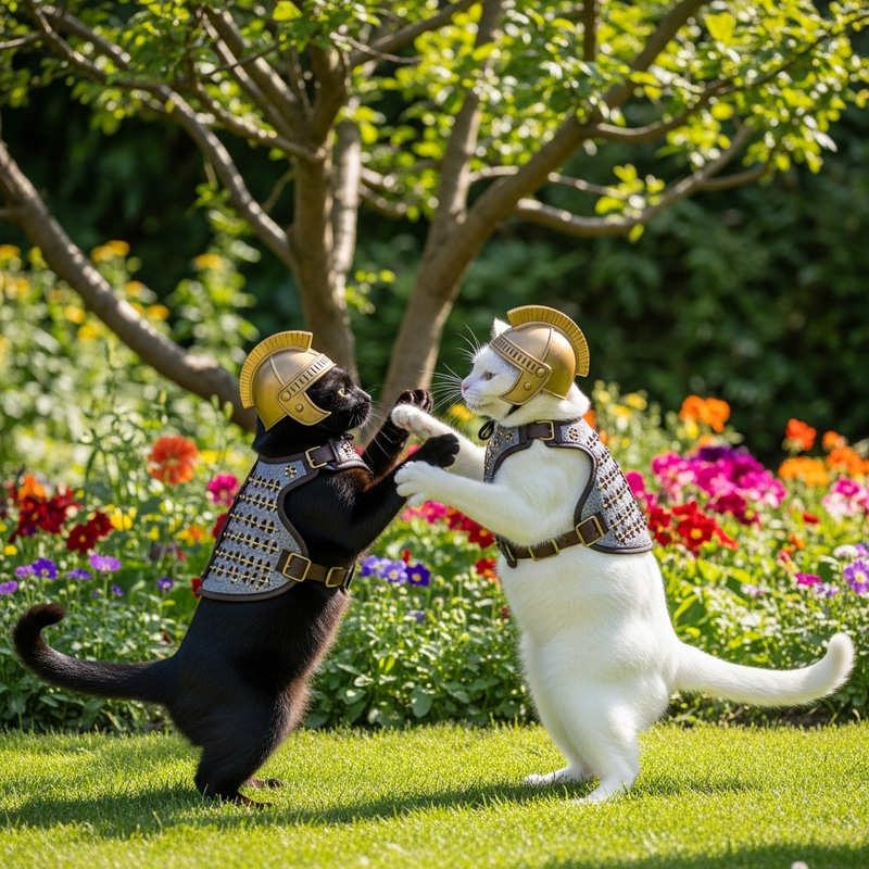 Playful Black and White Cat War in a Lush Garden Playful Black and White Cat War in a Lush Garden