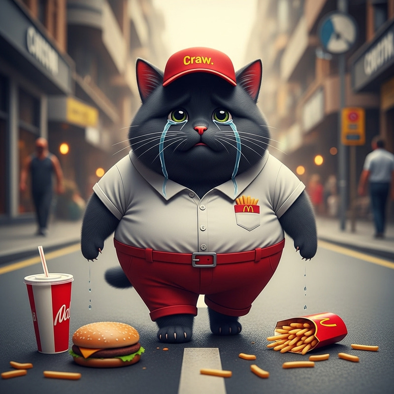 Hyperrealist Image of a Sorrowful Cartoon Black Cat in Fast-Food Uniform Hyperrealist Image of a Sorrowful Cartoon Black Cat in Fast-Food Uniform