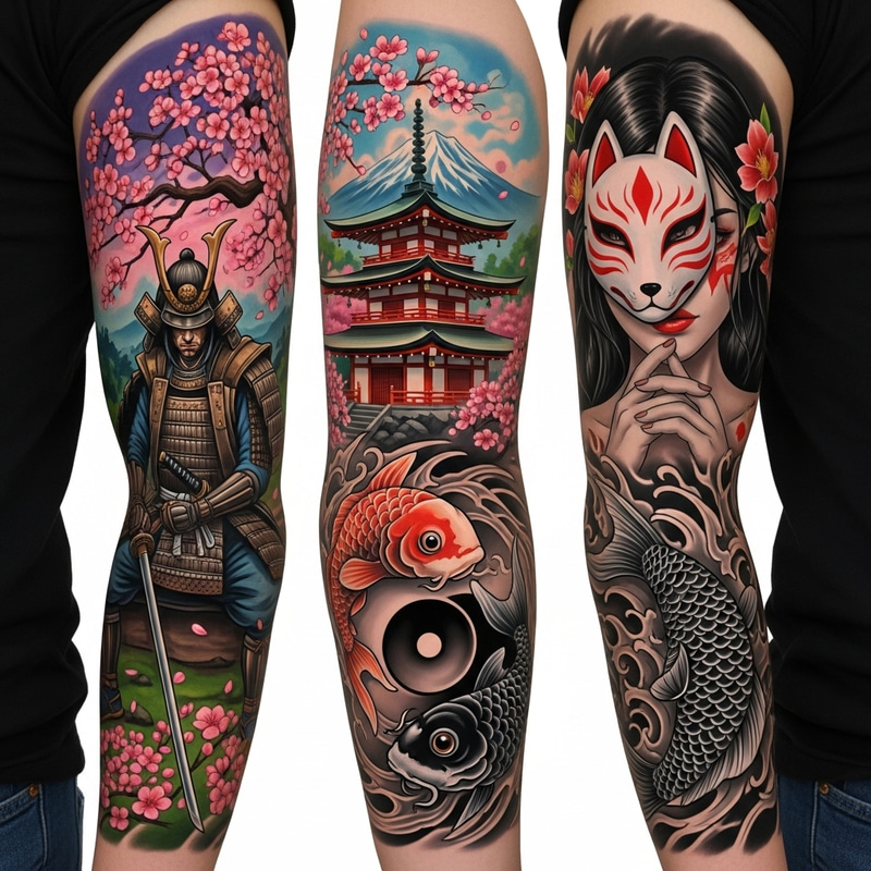 Samurai and Japanese Temple Tattoo Design with Koi Fish