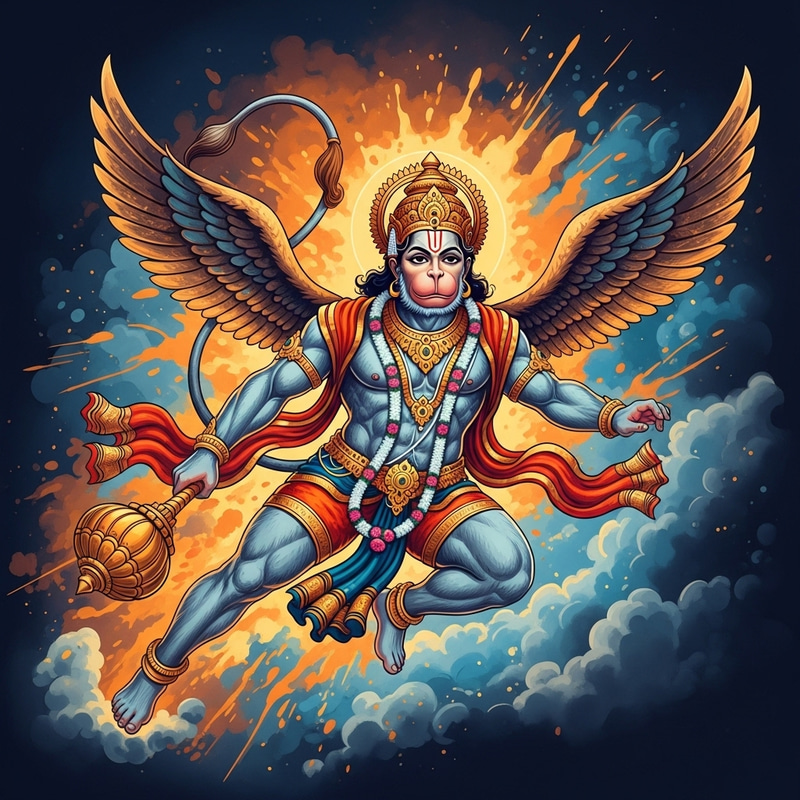 Majestic Hanuman Ji Soaring Through Skies | Traditional Hindu Art Majestic Hanuman Ji Soaring Through Skies | Traditional Hindu Art