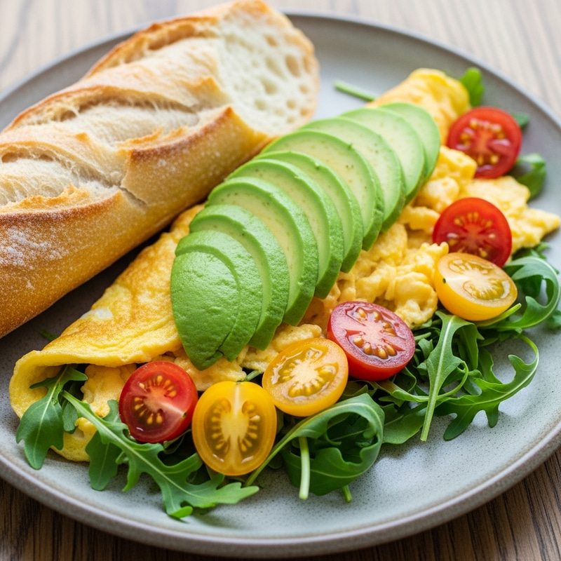 Delicate Scrambled Eggs with Avocado, Arugula & Tomatoes