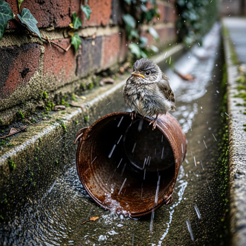 Sad Bird Flying on Bucket Along Gutter Sad Bird Flying on Bucket Along Gutter