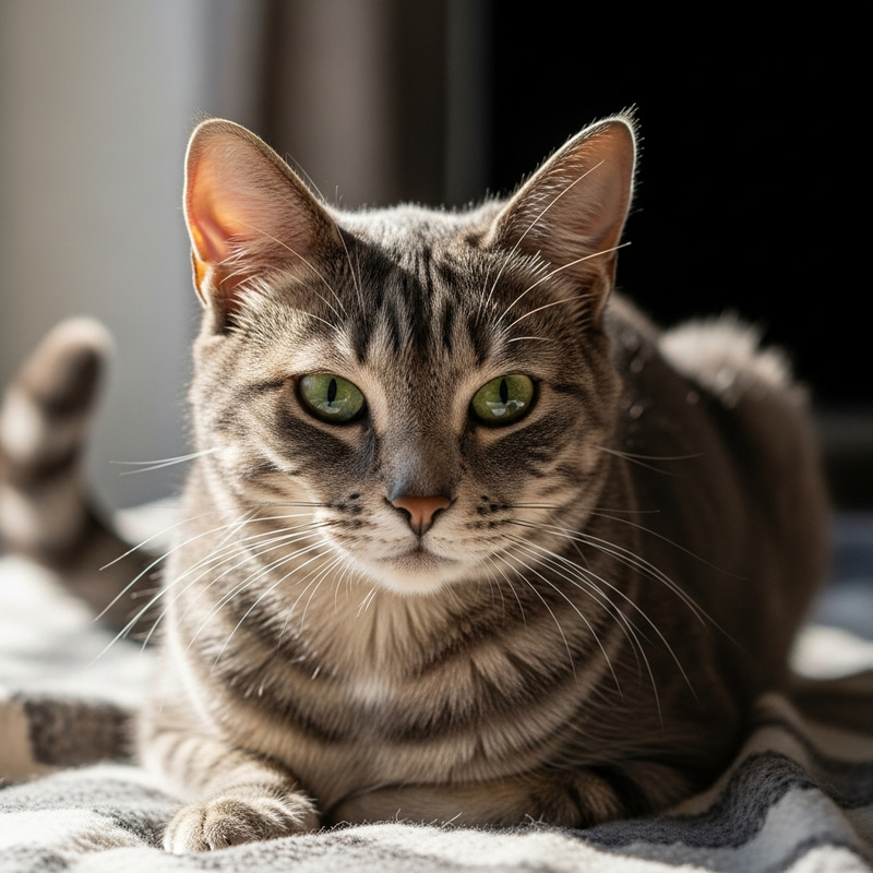 Grey Cat with Triangular Face Relaxing | Adorable Pose on Blanket