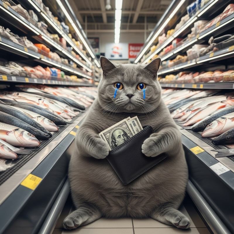 Sad British Shorthair Cat in Grocery Store | Realistic Fish Scene Sad British Shorthair Cat in Grocery Store | Realistic Fish Scene