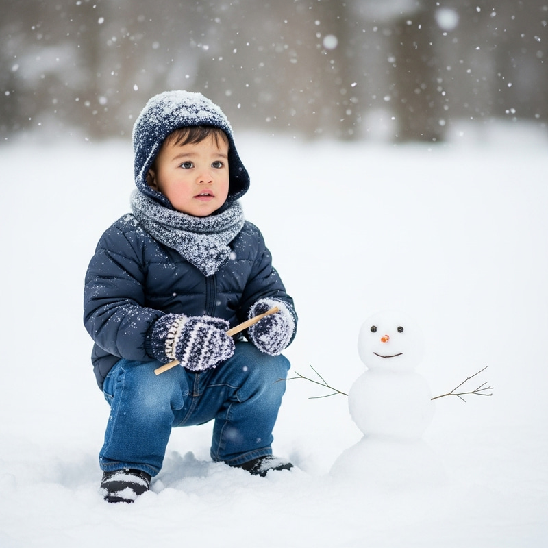 Curious Boy Squatting in Snow with Snowman - Winter Scene Curious Boy Squatting in Snow with Snowman - Winter Scene