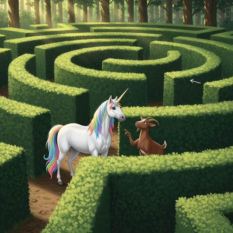 Enchanted Rainbow Unicorn and Brown Goat in Labyrinth Maze