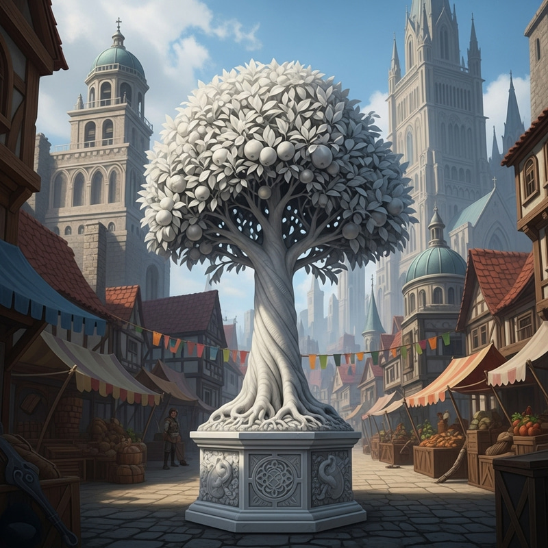 White Marble Apple Tree Statue in Medieval City & Dragons White Marble Apple Tree Statue in Medieval City & Dragons