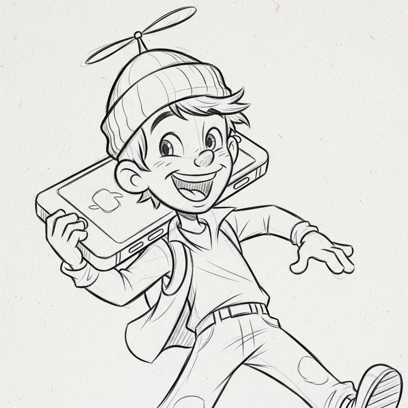 Vintage Animation Pencil Sketch of Joyful Male with Oversized Propeller Beanie Hat and iPhone Vintage Animation Pencil Sketch of Joyful Male with Oversized Propeller Beanie Hat and iPhone