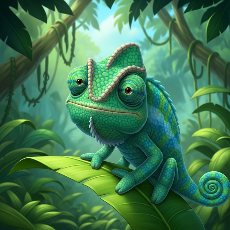 Captivating Chameleon in Pixar-Inspired Style - Lush Green Jungle Scene Captivating Chameleon in Pixar-Inspired Style - Lush Green Jungle Scene