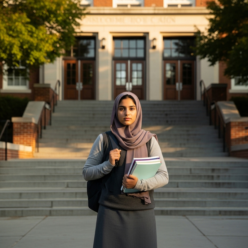 High School Hijab Student with Books and Backpack High School Hijab Student with Books and Backpack