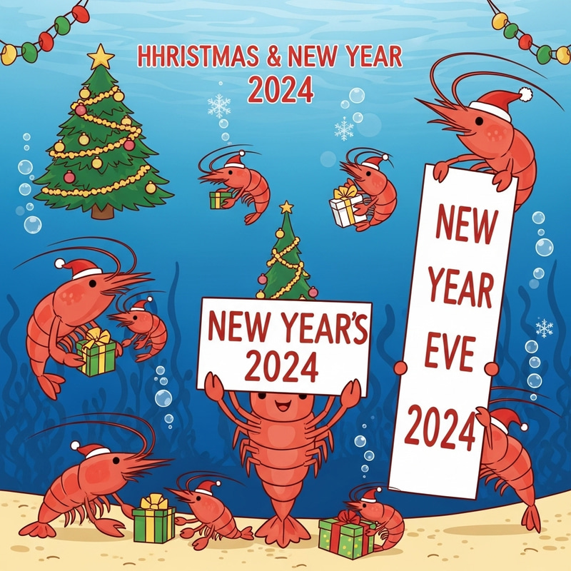 Adorable Shrimp Family Celebrating Christmas & New Year Card 2024