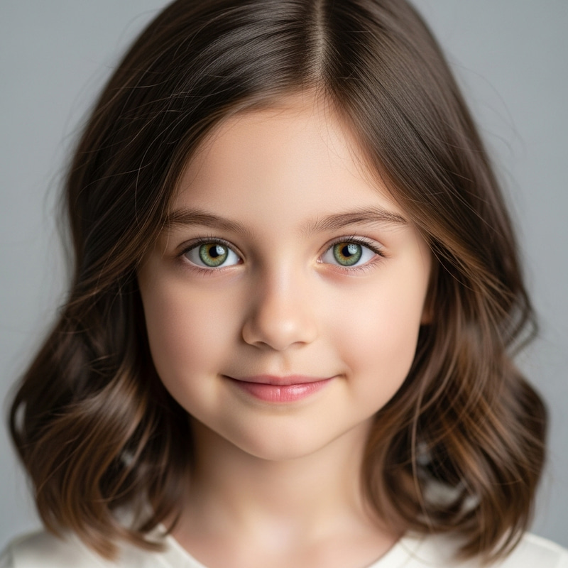 Enchanting Green-Eyed Beauty | Youthful Portrait with Glossy Brunette Hair