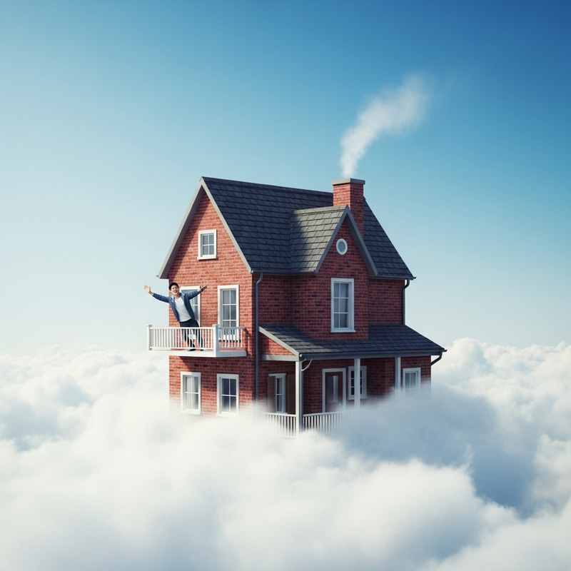 Asian Man Joyfully Flying on Quaint House in Clouds