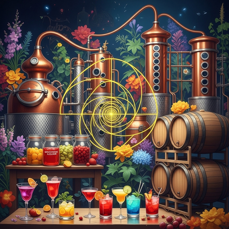 Vibrant Distillery Scene with Golden Ratio Spiral and Copper Stills Vibrant Distillery Scene with Golden Ratio Spiral and Copper Stills